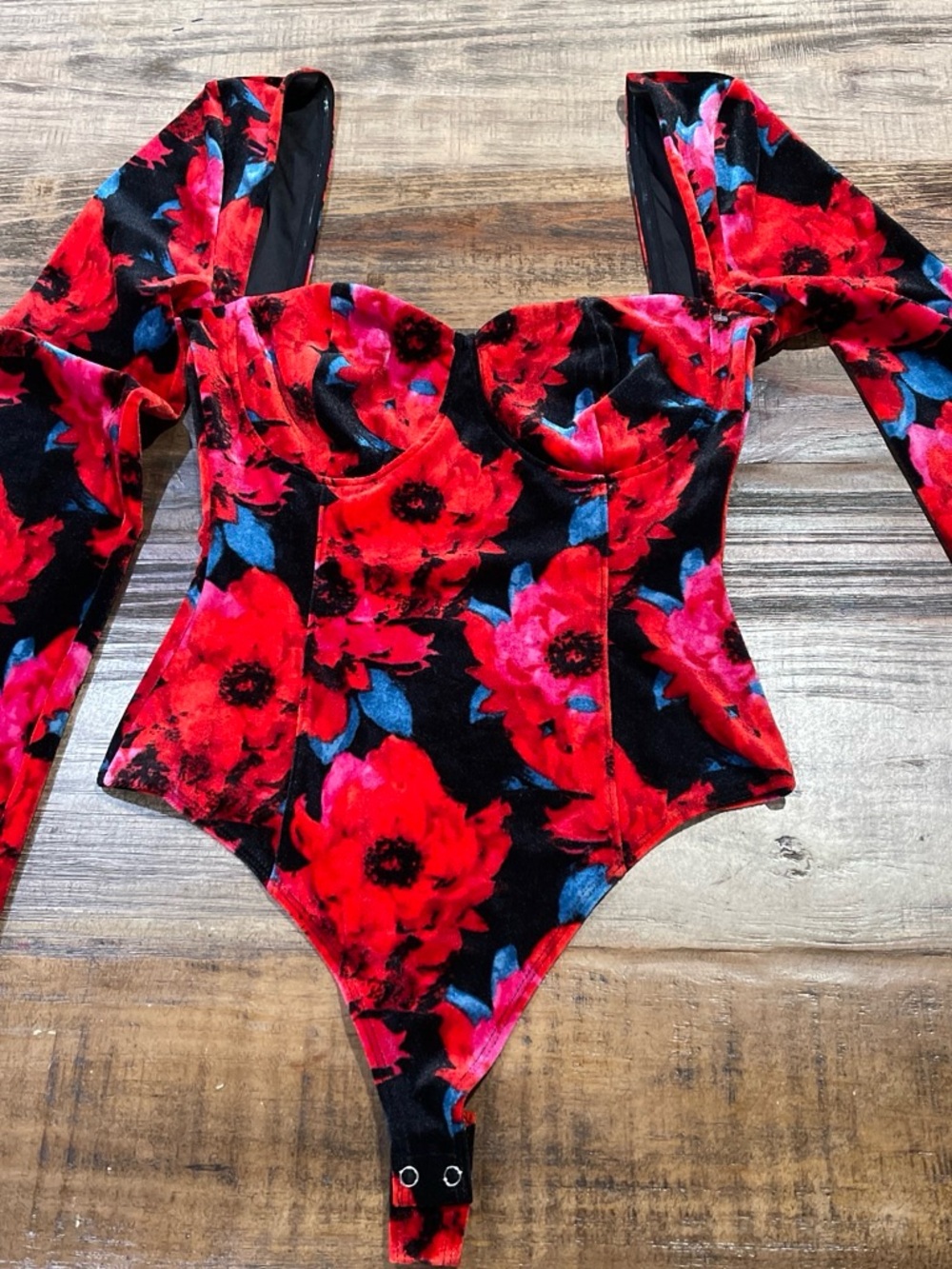 Bar III Red and Blue Floral Velvet One-Piece Bodysuit
